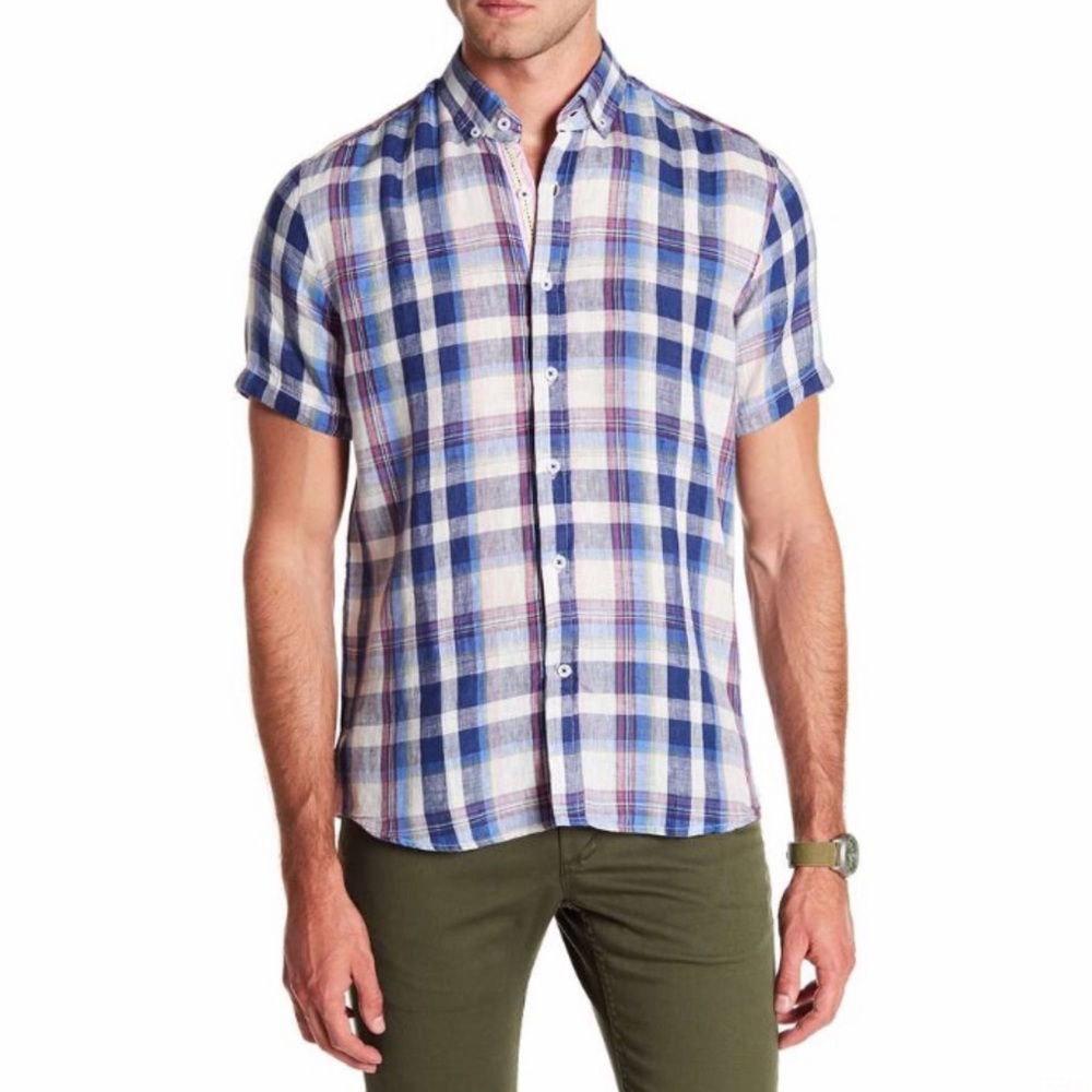 NWT Linen Plaid Short Sleeve Button Down Sz L